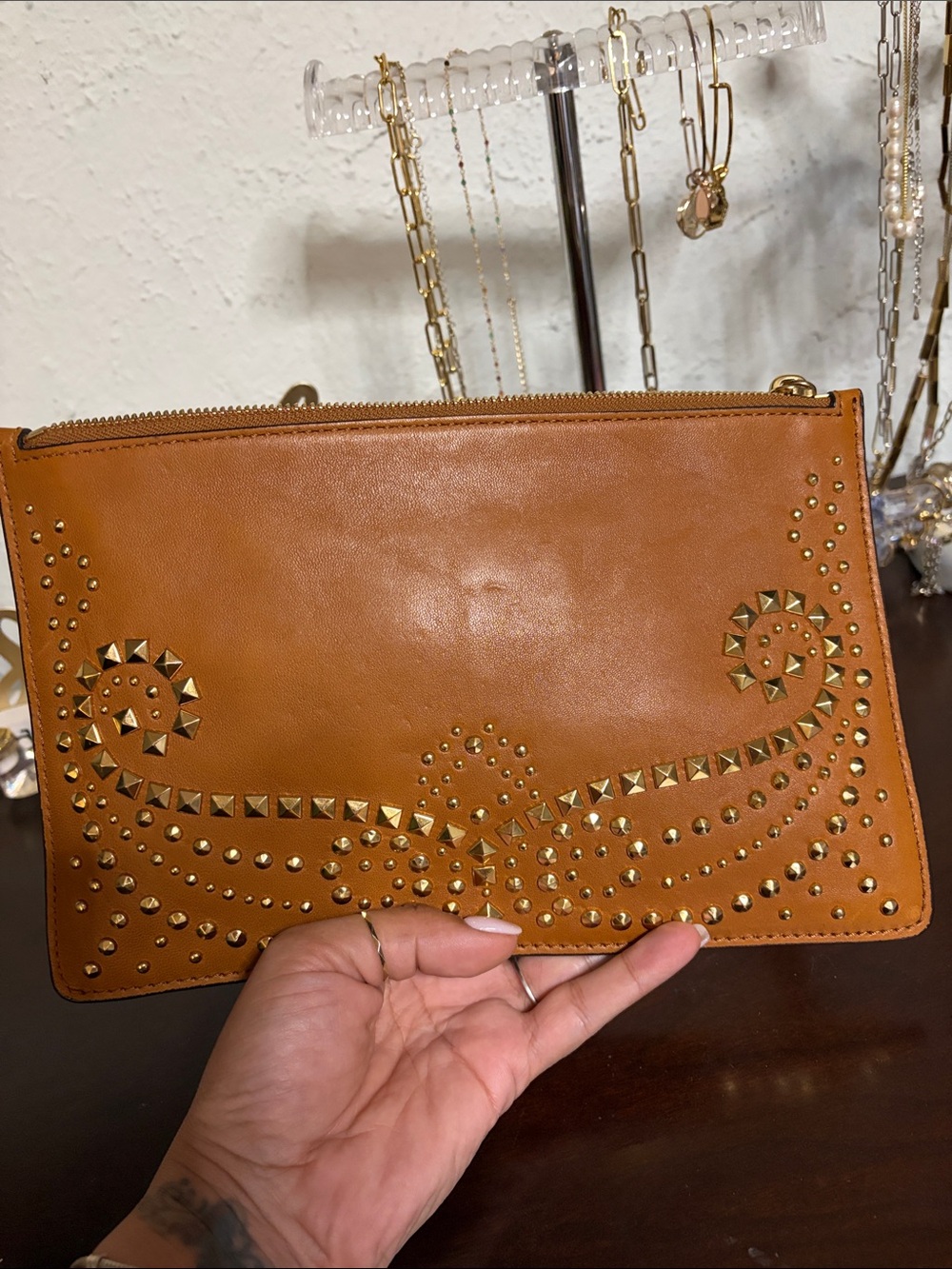 Michael Kors Tan Leather Studded Zip Clutch